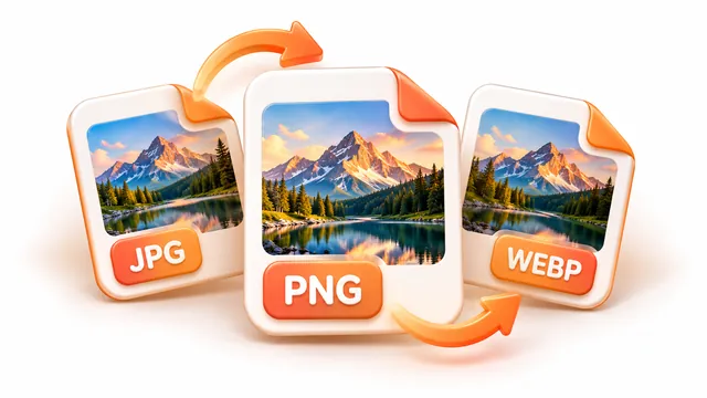 Glossy cards showing an image being converted between JPG, PNG and WebP formats