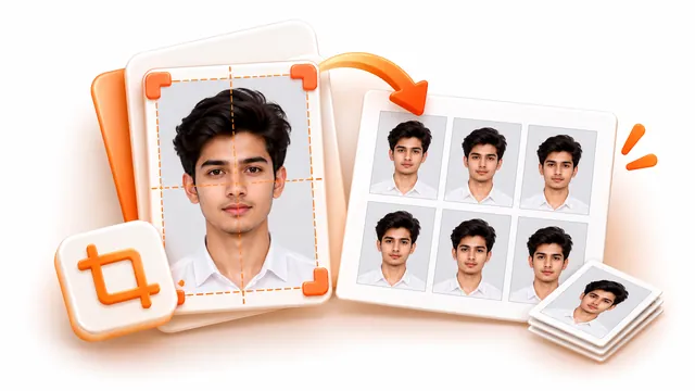 A portrait being cropped to passport size and repeated on a printable photo sheet